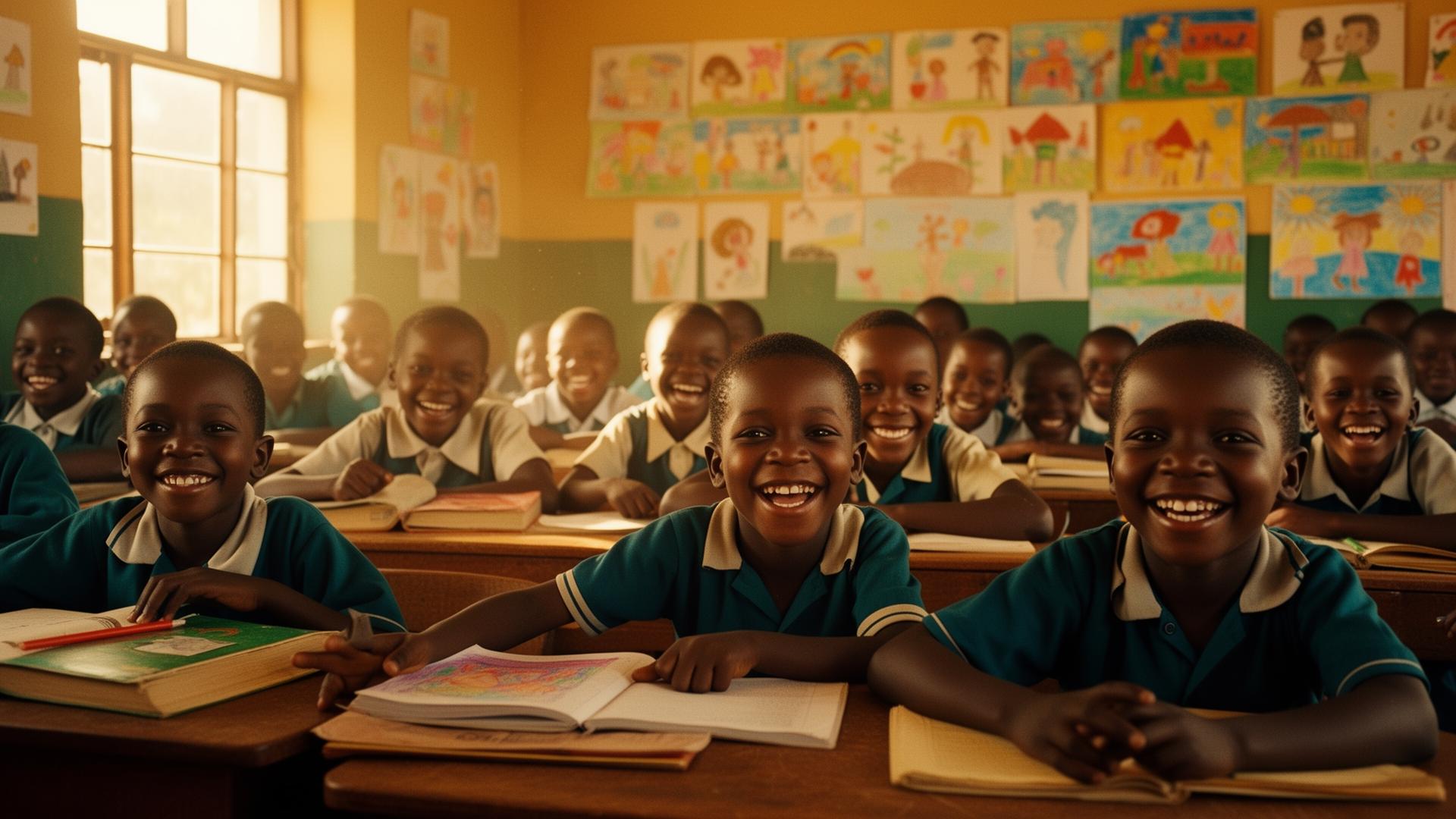 A classroom of smiling South African learners in green uniforms with open books on wooden desks, warm afternoon light streaming through the windows